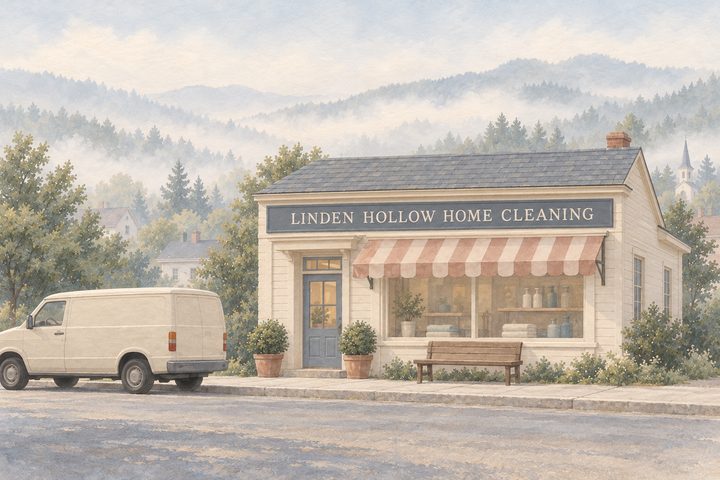 Linden Hollow Home Cleaning, a painted cream clapboard shop with a striped awning, a bench out front and a cream van at the curb