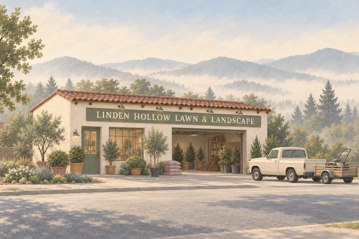 Linden Hollow Lawn & Landscape, a painted cream shop with a clay roof, potted trees out front and a cream pickup with a mower on its trailer