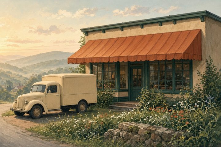 A painted pest control shop with a rust awning and a cream delivery truck out front at sunrise