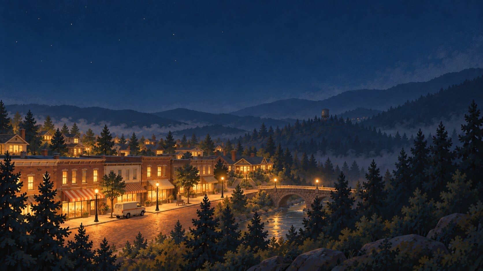 Linden Hollow main street at night after closing, the shop windows still lit