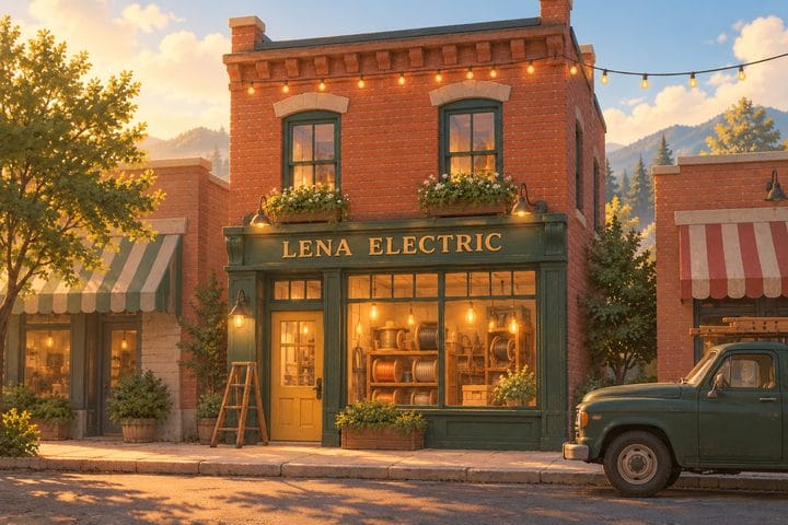 Lena Electric, a green-trimmed brick storefront with a ladder by the door