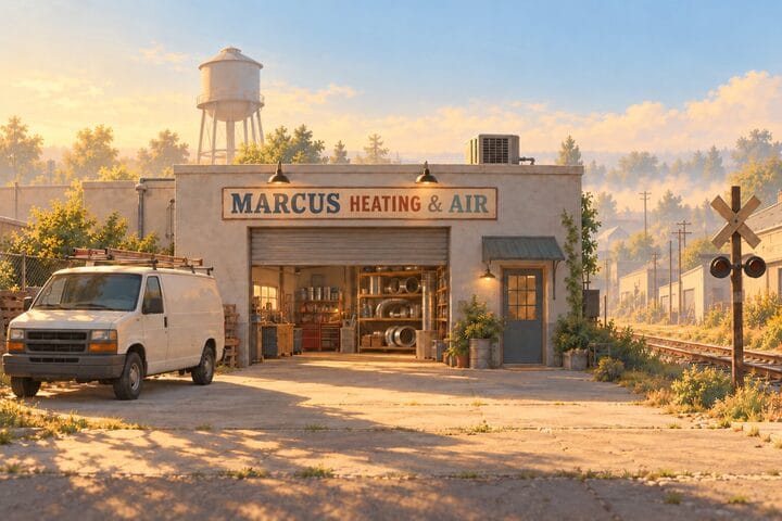 Marcus Heating and Air, a garage shop by the rail line with a white van out front