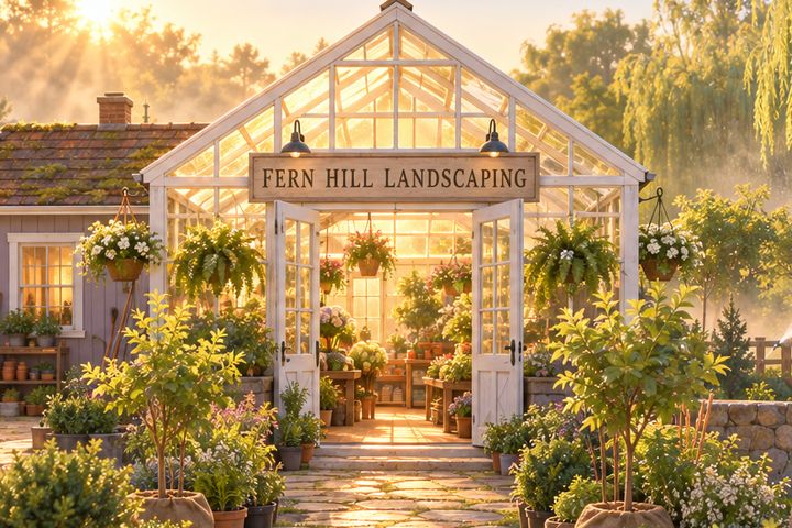 Fern Hill Landscaping on a golden morning, a glass greenhouse with its doors open, plants along a stone path and a blue pickup by the shed