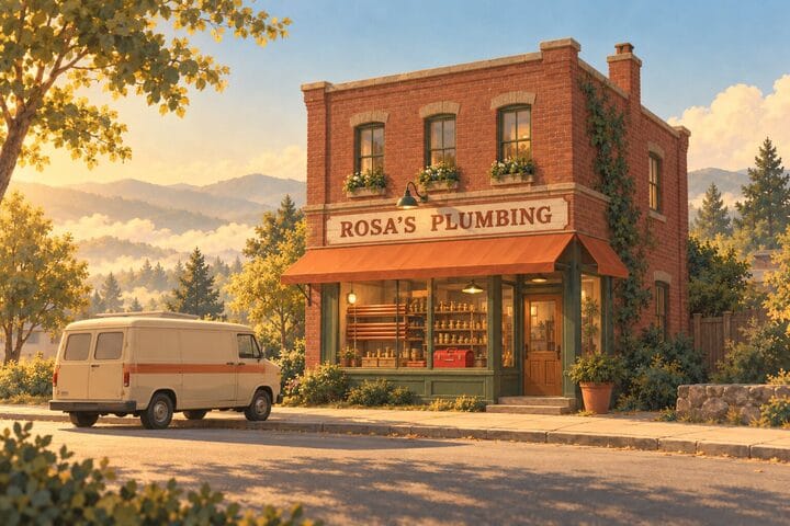 Rosa’s Plumbing, a brick shop on Main Street with her cream van out front