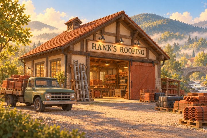 Hank’s Roofing, a timber barn shop stacked with clay tiles and a green pickup