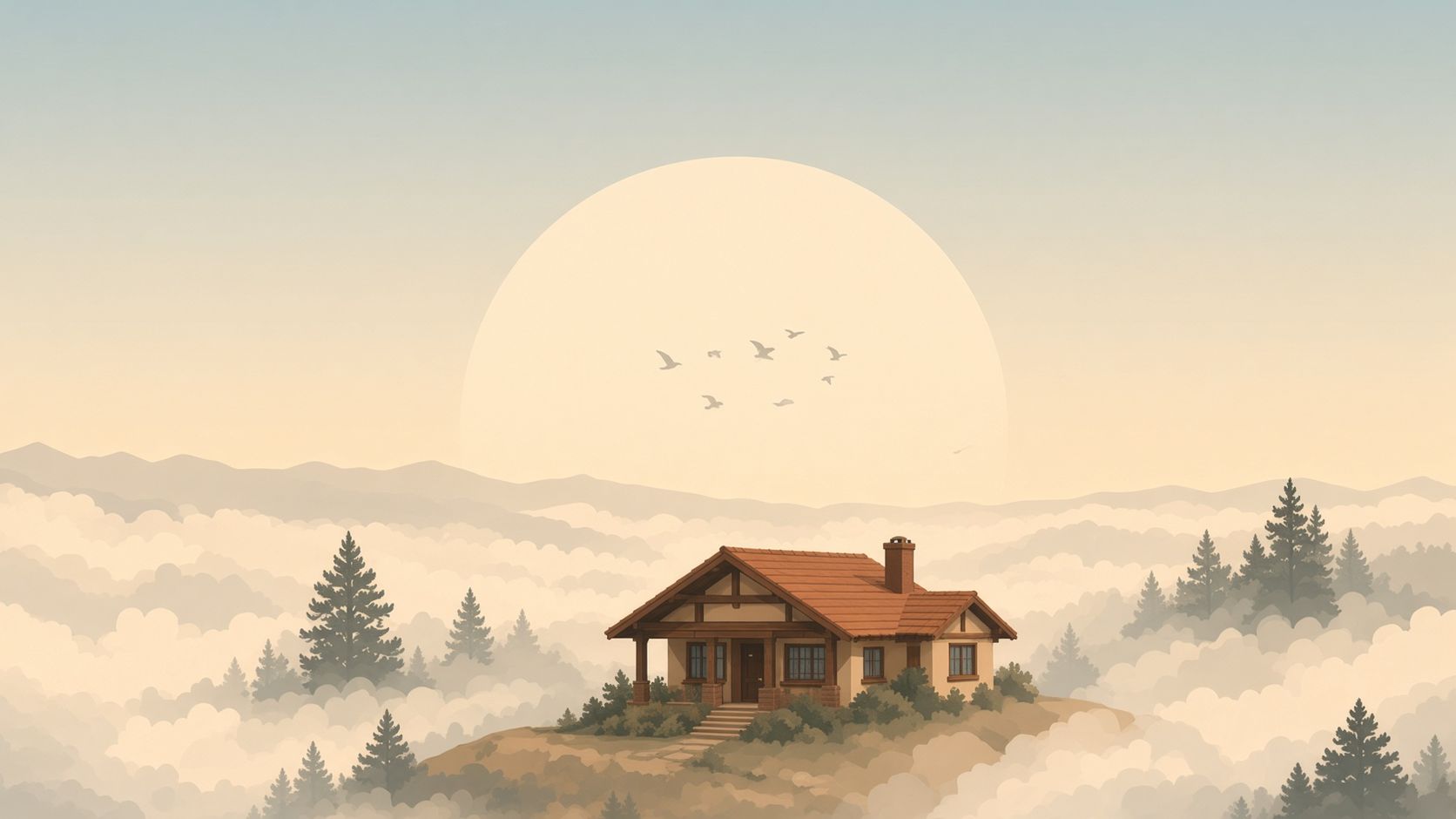 The house on its cloud island under a big pale sun, birds crossing