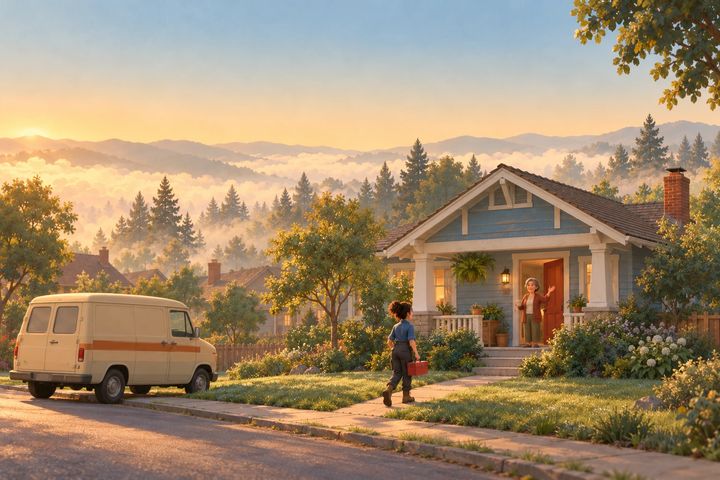 Thursday at dawn, Rosa walking up to a blue house with her toolbox while the homeowner waves from the porch