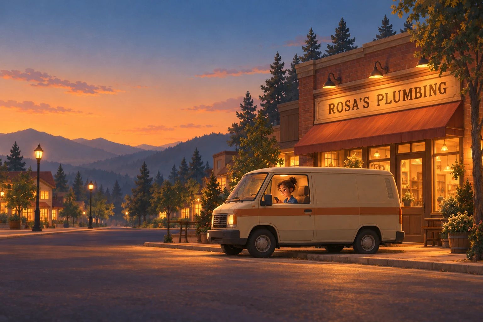Dusk outside Rosa’s Plumbing, Rosa reading her phone in the lit cab of her cream van