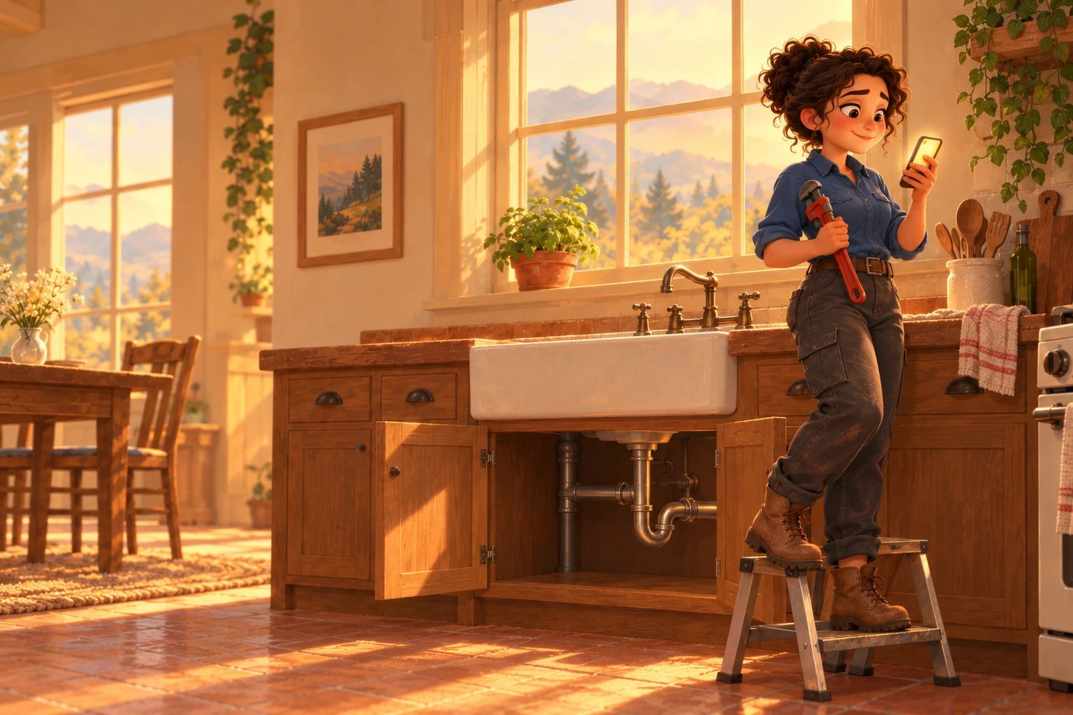 Rosa on a stepladder in a farmhouse kitchen, wrench in one hand, smiling at her phone