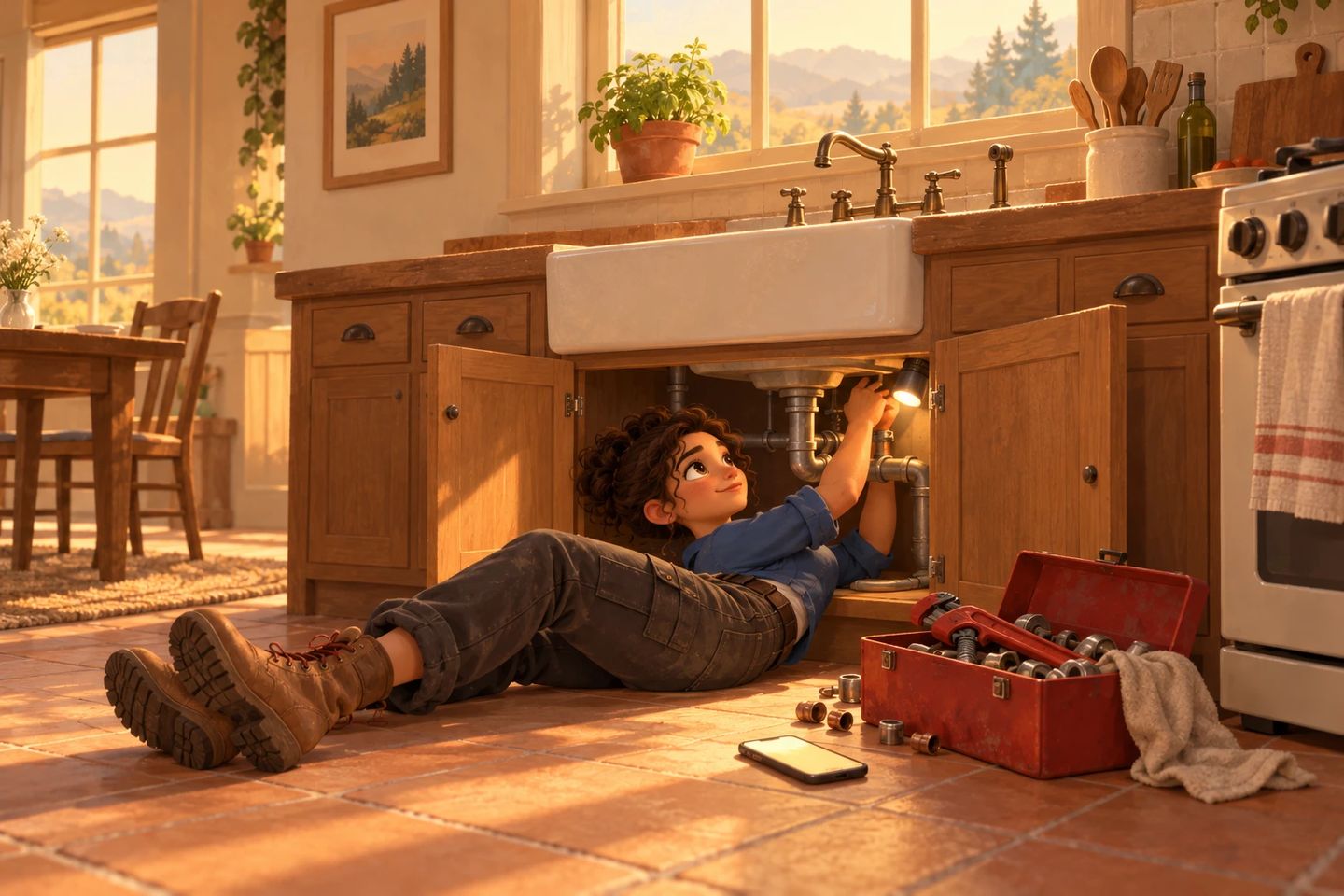 Rosa on her back under a farmhouse kitchen sink with a flashlight, her red toolbox open and her phone lit face-up on the tile floor