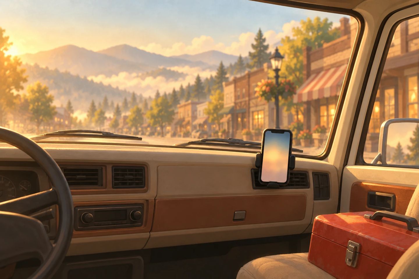Inside Rosa’s cream van, her phone in a dash mount and her red toolbox on the passenger seat, Main Street golden through the windshield